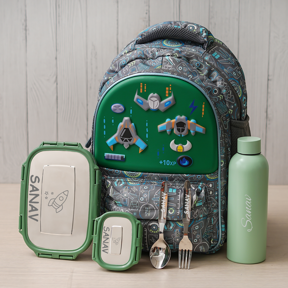 Game Over Theme Personalized Kids School Bag – Green