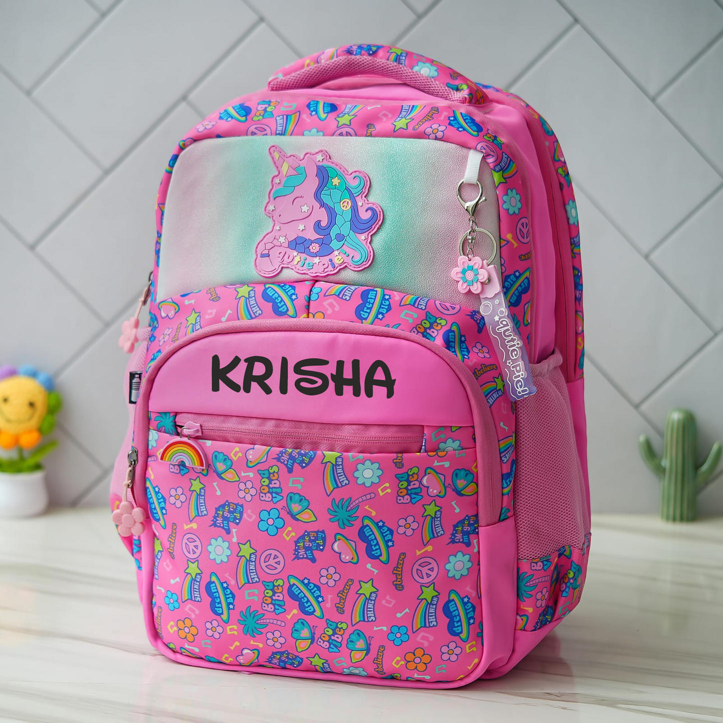 Unicorn Holographic Personalized Kids School Bag β Pink