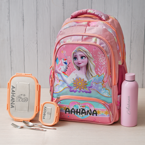 Premium Frozen Glossy Magical Personalized Kids School Bag – Peach