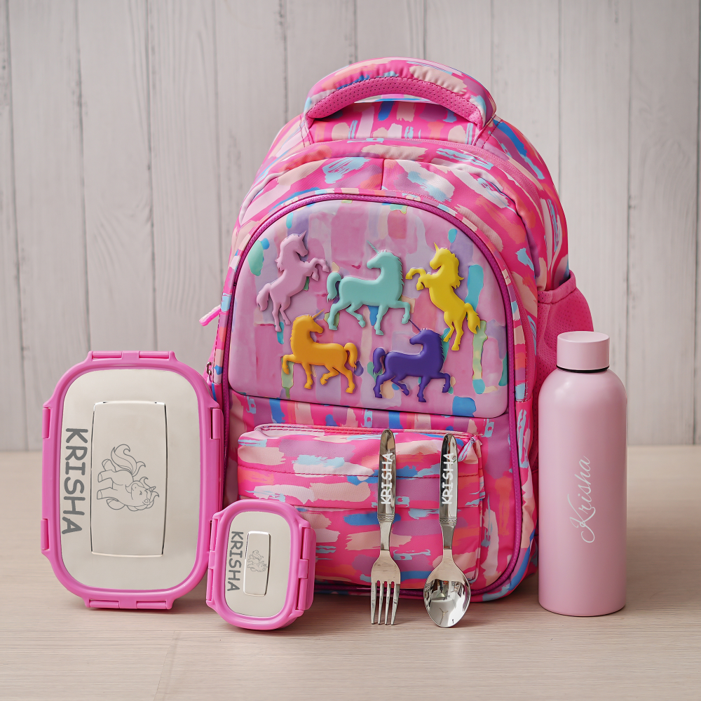 Premium Unicorn Pocket Theme Personalized Kids School Bag – Pink