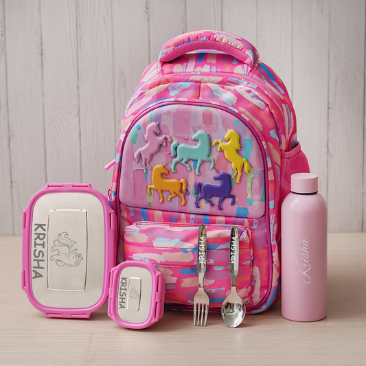 Premium Unicorn Pocket Theme Personalized Kids School Bag – Pink