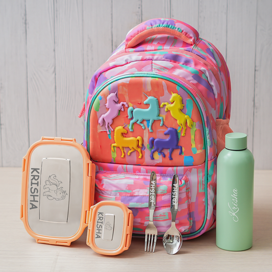 Premium Unicorn Pocket Theme Personalized Kids School Bag – Multi Color