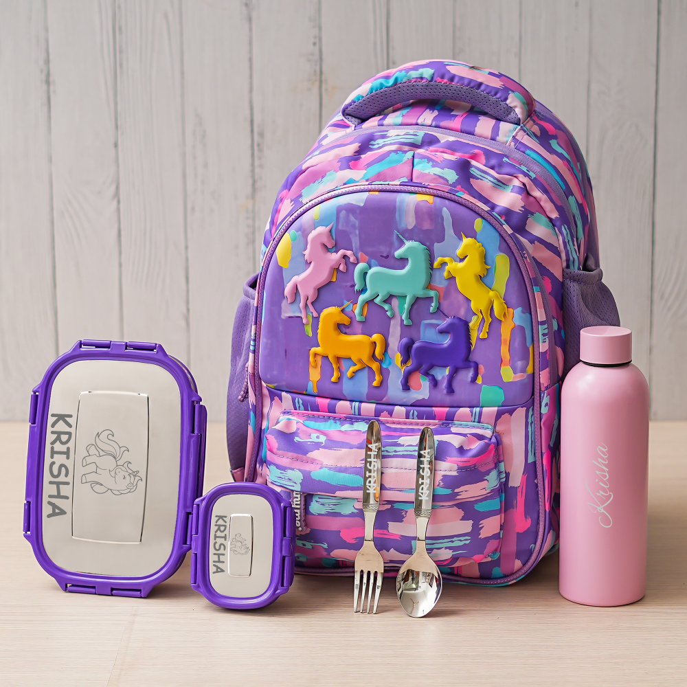 Premium Unicorn Pocket Theme Personalized Kids School Bag – Violet