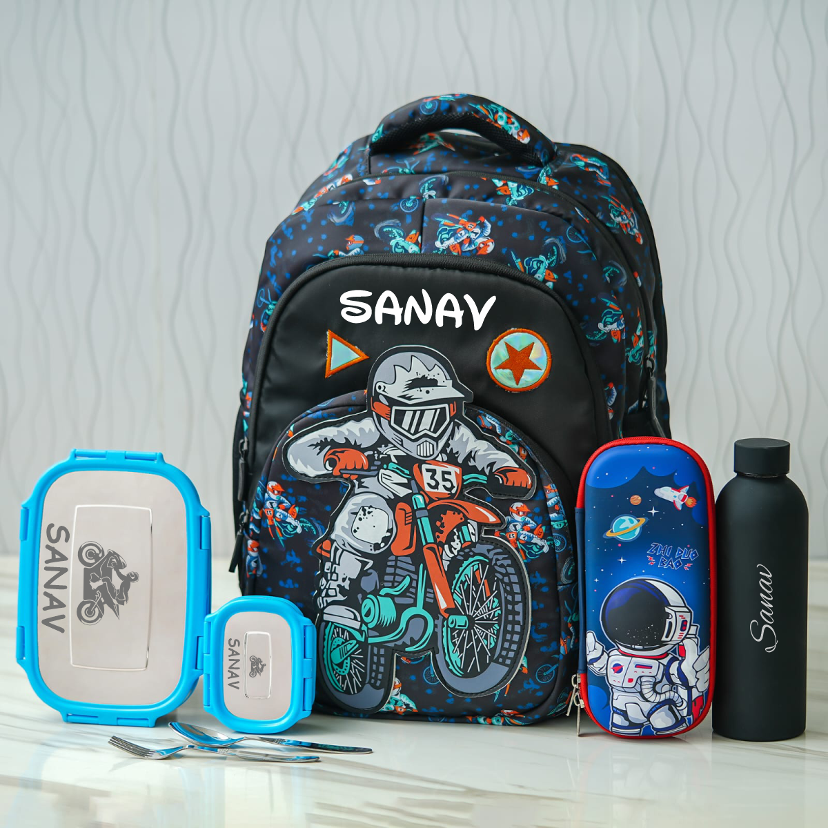 Biker 3D Patch Personalized Kids School Bag – Senior