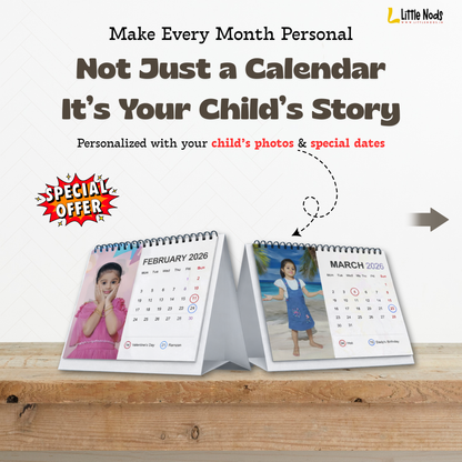 LittleNods Personalized Kids Desk Calendar 2026 with custom child photos on wooden office table