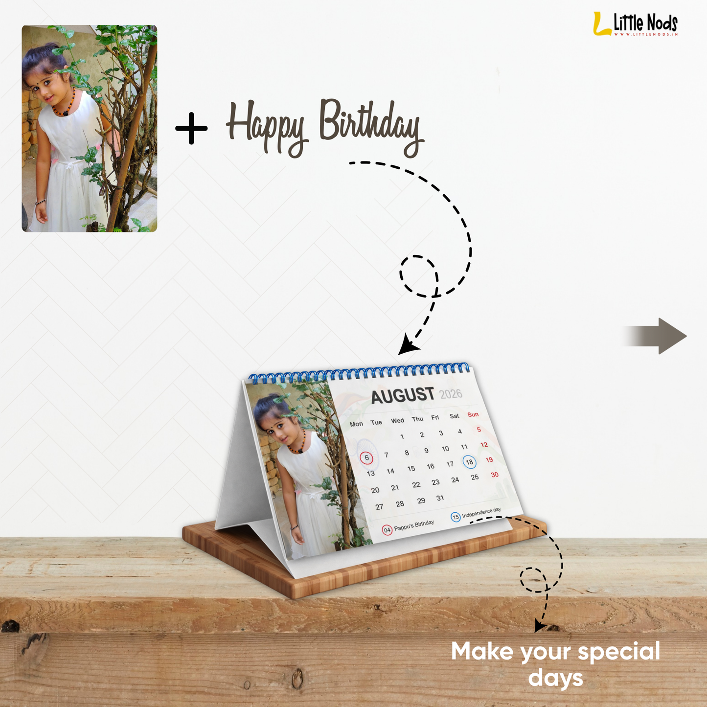 LittleNods Personalized Kids Desk Calendar 2026 with custom child photos on wooden office table