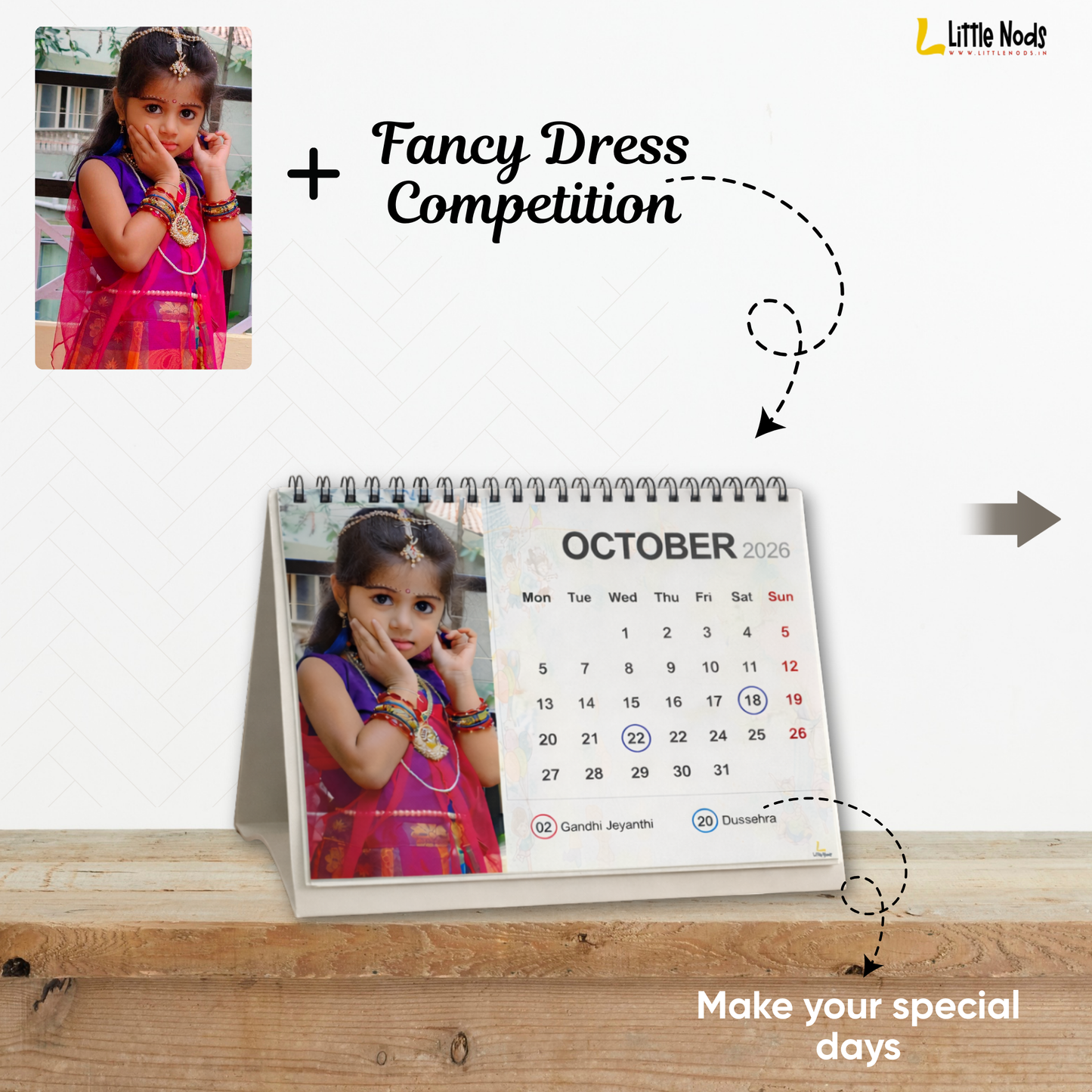 LittleNods Personalized Kids Desk Calendar 2026 with custom child photos on wooden office table