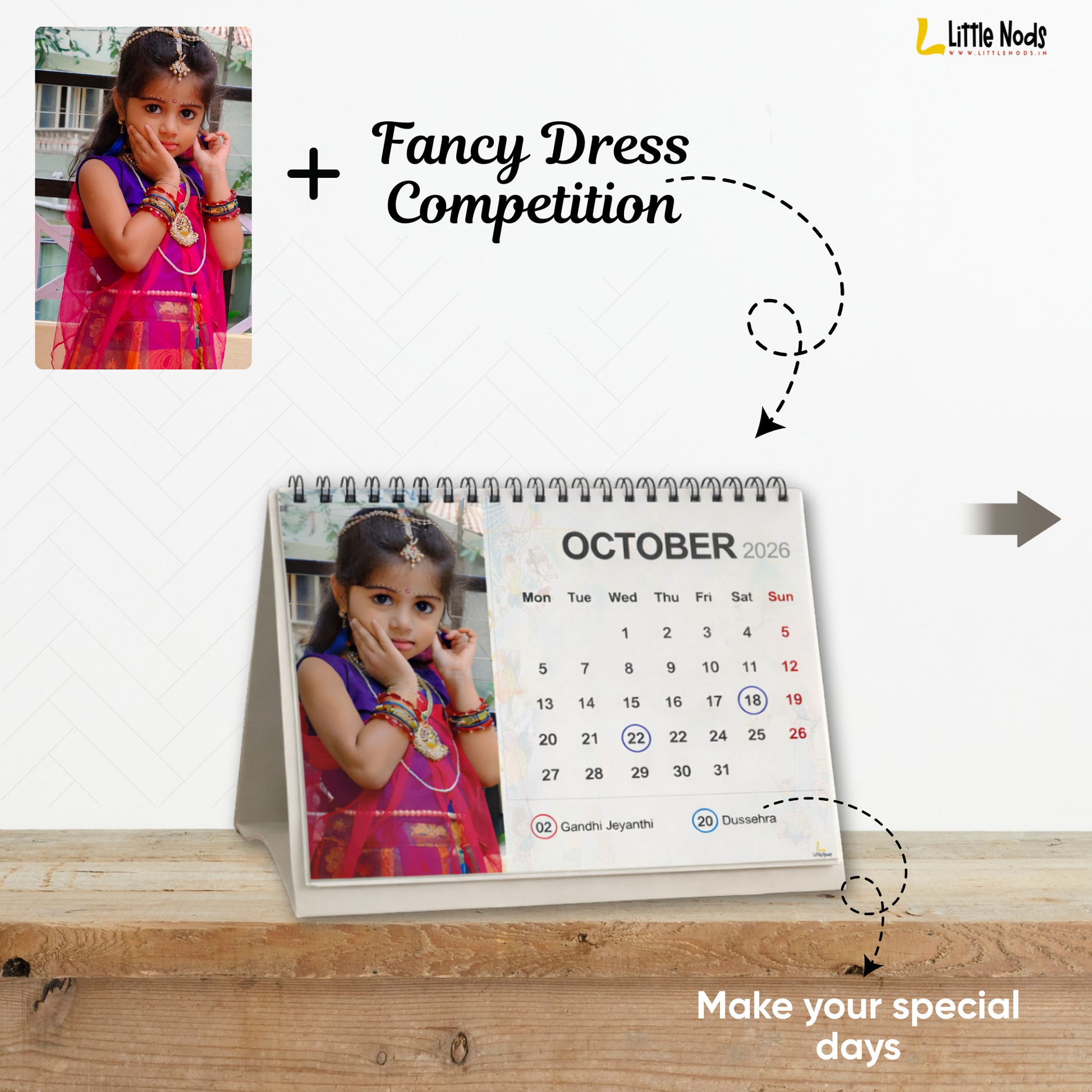 LittleNods Personalized Kids Desk Calendar 2026 with custom child photos on wooden office table