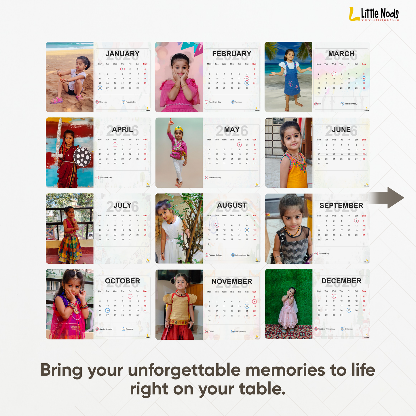 LittleNods Personalized Kids Desk Calendar 2026 with custom child photos on wooden office table