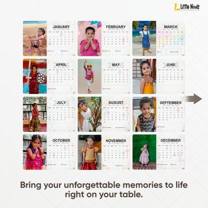 LittleNods Personalized Kids Desk Calendar 2026 with custom child photos on wooden office table