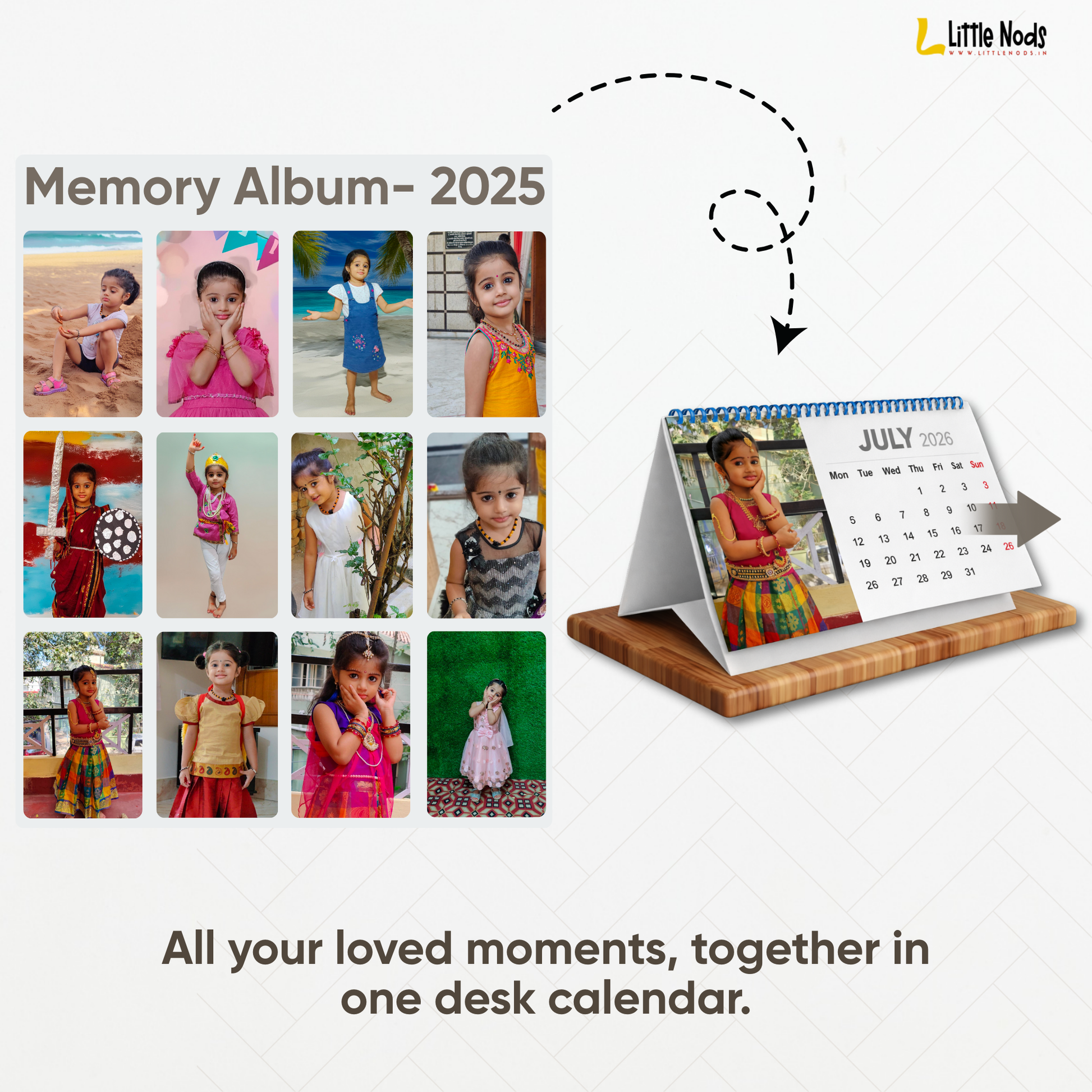 LittleNods Personalized Kids Desk Calendar 2026 with custom child photos on wooden office table