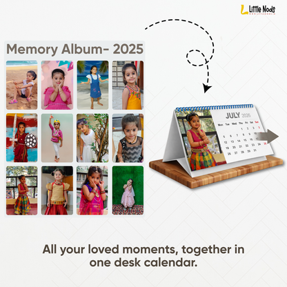 LittleNods Personalized Kids Desk Calendar 2026 with custom child photos on wooden office table