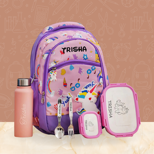 Unicorn themed personalized kids bag combo