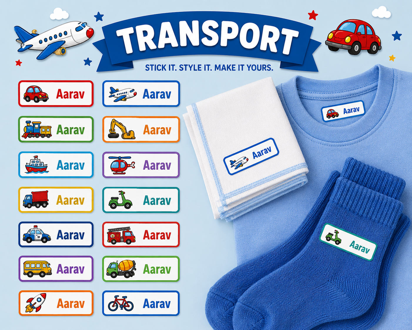 Personalized Kids Iron-On Name Labels – Multiple Themes | Pack of 28