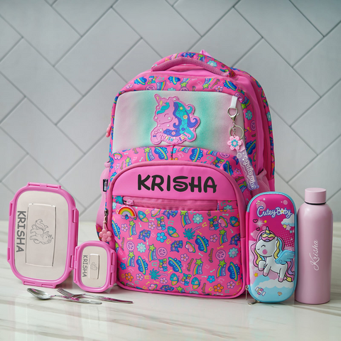 Unicorn Holographic Personalized Kids School Bag – Pink