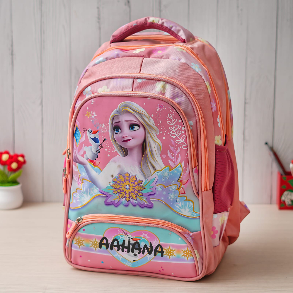 Premium Frozen Glossy Magical Personalized Kids School Bag – Peach